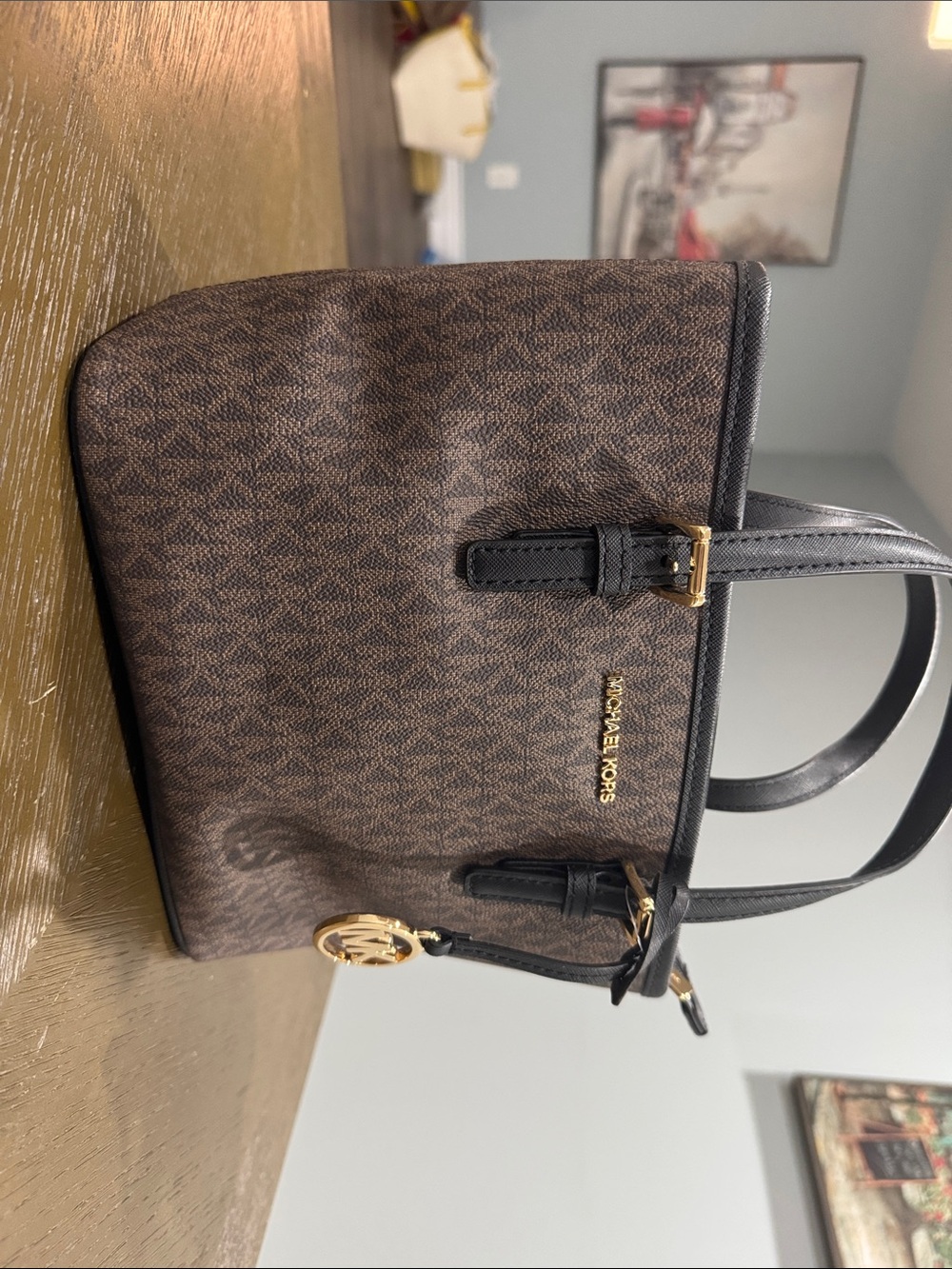 Michael Kors Brown Logo-Print Satchel with Black Trim and Gold Hardware
